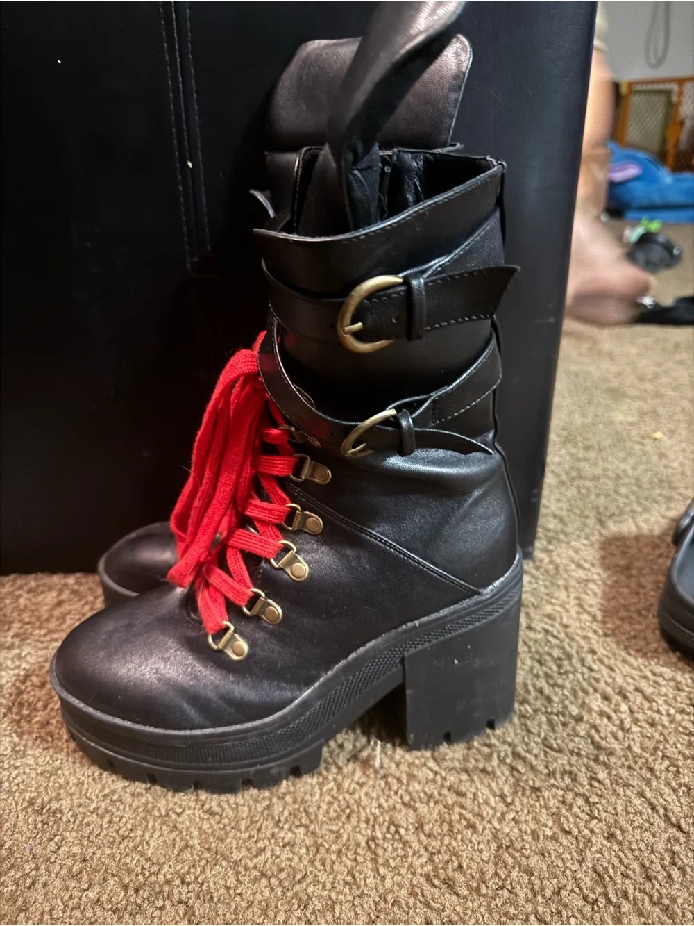 Hot Topic Black Platform Ankle Boots with Red Laces